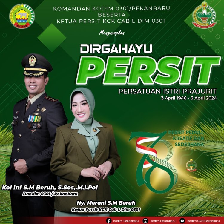 Dandim 0301/Pbr dan Ketua Persit KCK Cab L Mengucapkan HUT Persit ke -78 Tahun 2024